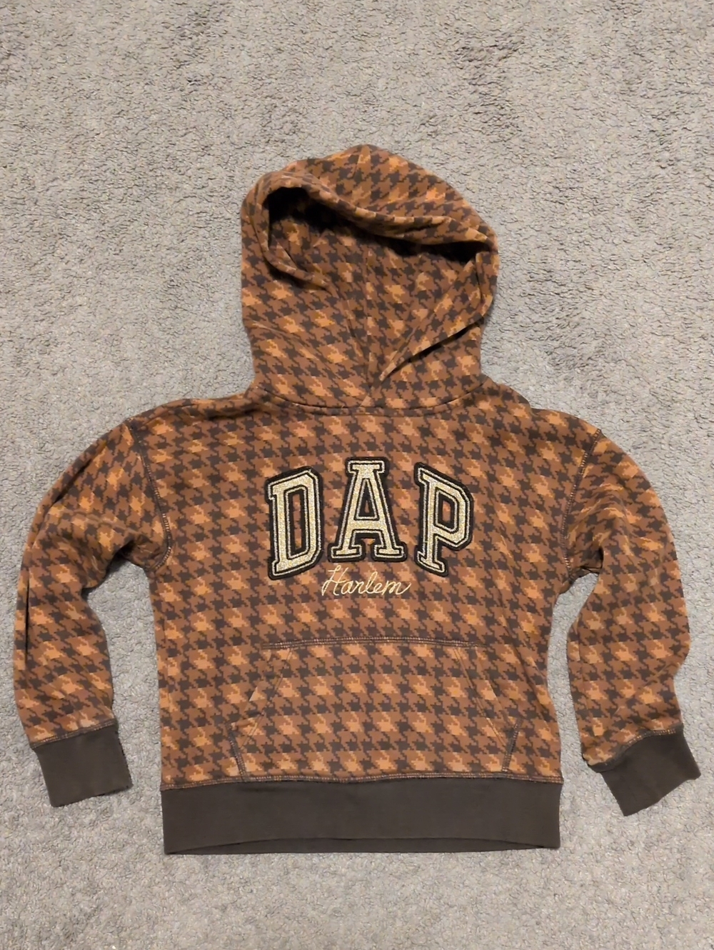 GAP Kids' Hooded Puffer Sweatshirt in Brown Houndstooth